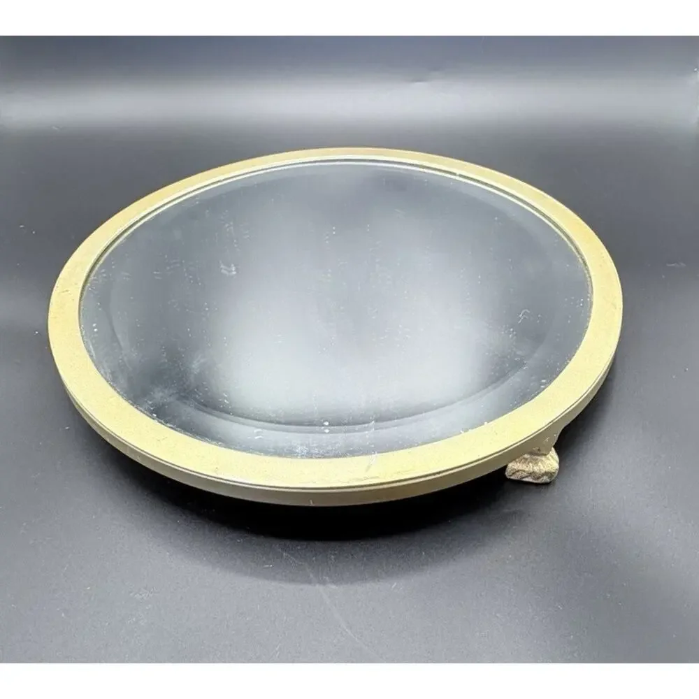 West Elm 14” Round Mirrored Tray Gold Brass Tone Footed Vanity Bar Decor